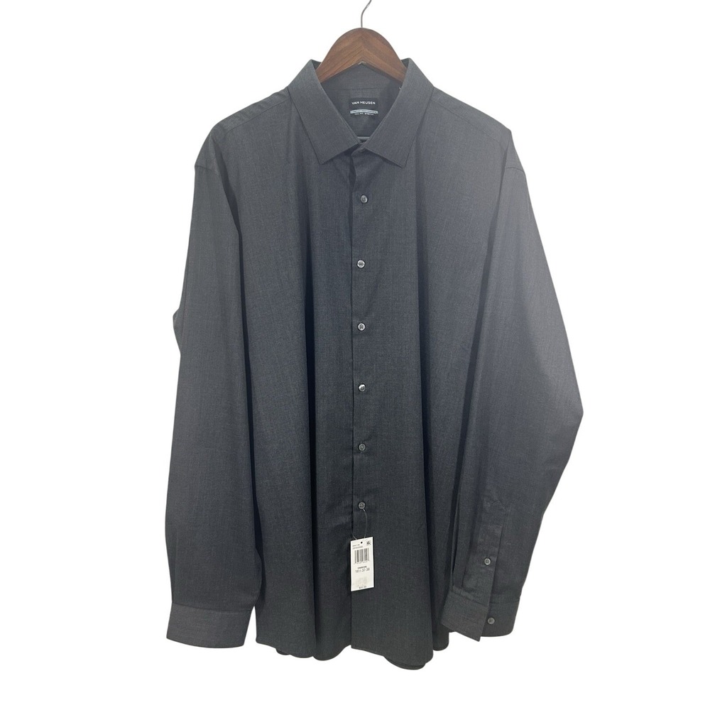 Van Heusen Men Gray Button Up Shirt Long Sleeves Tall Fit Stretch Comfort